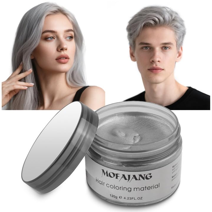 Tinte temporal para el cabello, 4,23 onzas de cera tintada para hombres y mujeres, pomada tintada natural lavable, tinte instantáneo para el cabello, cosplay y Halloween (Gris, 120g)