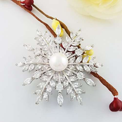 Selovo Bridal Zircon Cz Bouquet Snowflake Simulated Pearl Brooch Pins Silver Tone #TOP2