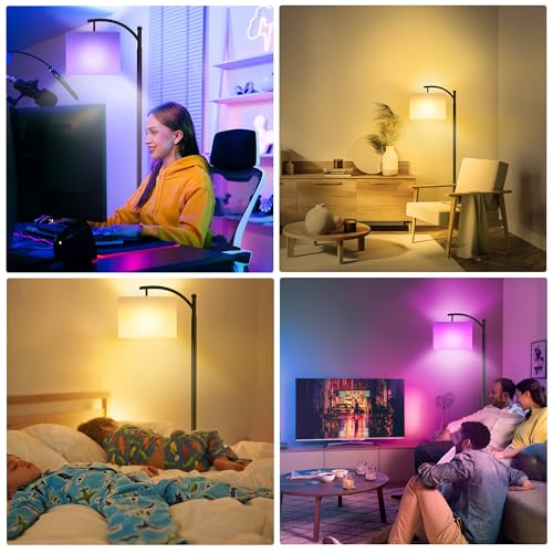 ROTTOGOON Floor Lamps with Matter Smart Light Bulb, RGB + Color Temperatures Bright Dimmable Smart Floor lamp, Living Room Standing Tall Industrial Floor Lamp (Beige Lampshade Included) -Black