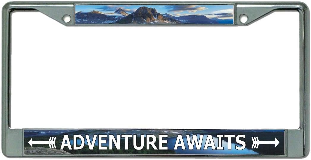 Adventure Awaits Chrome License Plate Frame