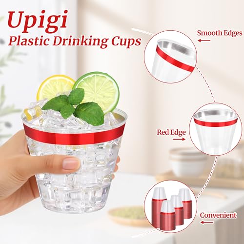 Image of 120 Pcs Red Plastic Cups,9Oz Red Rimmed Plastic Cups,Heavy Duty Clear Disposable Plasitc Cocktail Tumblers Wine Cup for Party,Wedding,Birthday,Christmas
