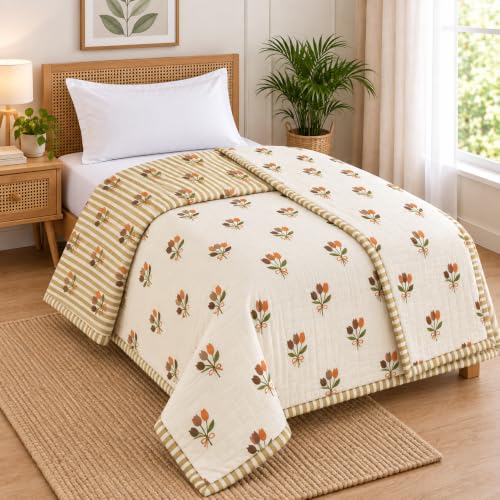 Image of Amazon Brand - Umi AC Dohar Blanket for Single Bed | 100% Cotton 160 TC | Soft Lightweight Three Layer Quilt | 57x87 Inches | Beautiful Elegant Design