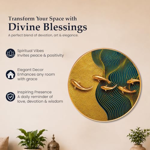 Image of PAINTINGMANTRA vastu koi Fish Wall Art Painting for Living Room, Teal Waves & 3D Effect Swimming Fish Round Shape Framed Wall Painting for Home Decor, Bedroom, Hall & Office, 16 Inch