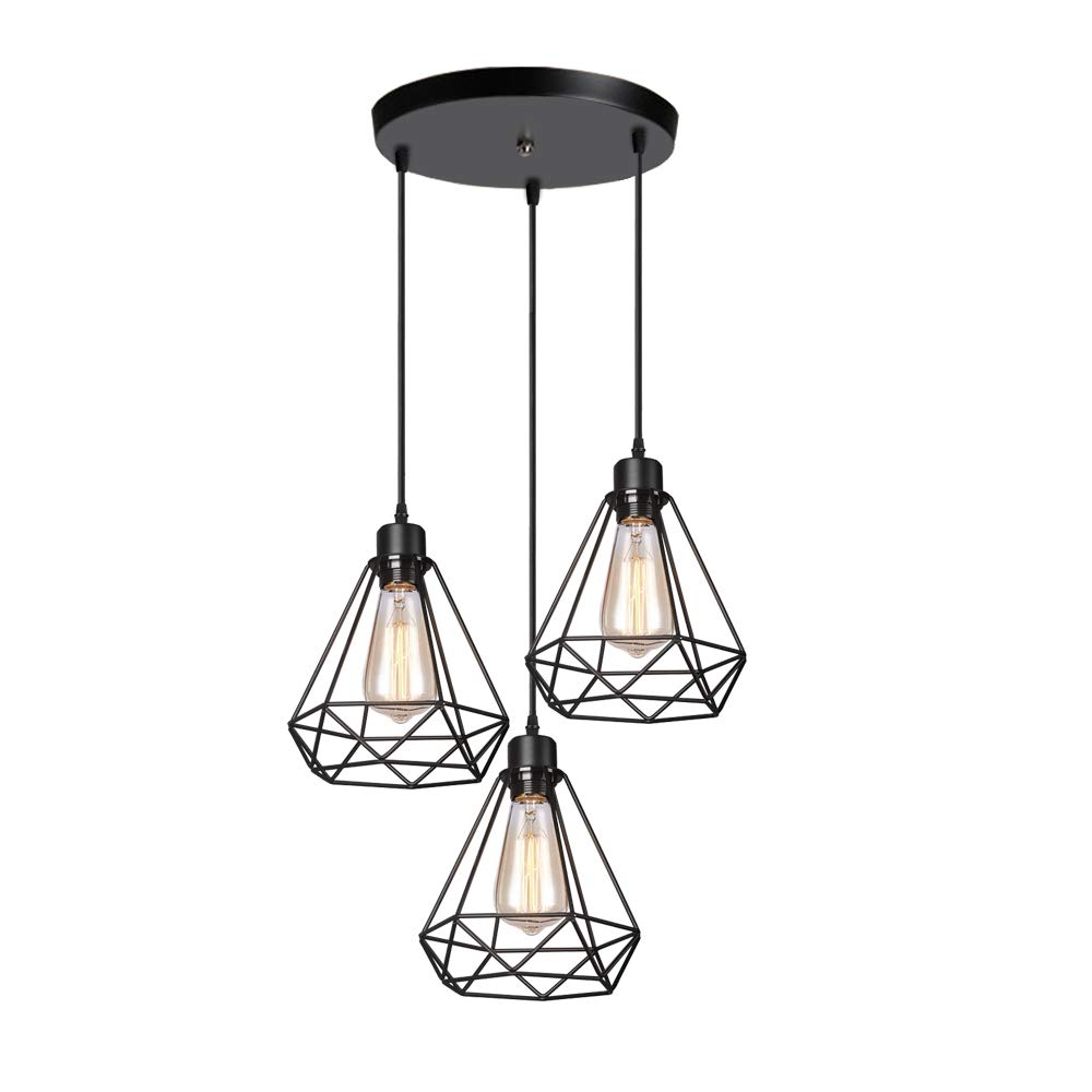 Idegu 20Cm, Pendant Light, Black, 3-Light, Round Retro Industrial Pendant Light, 3 Lights Cage Ceiling Light Shade Metal E27 Vintage Hanging Lamp Shade Black Pendant Light Fitting, Ø 20Cm - Round Canopy