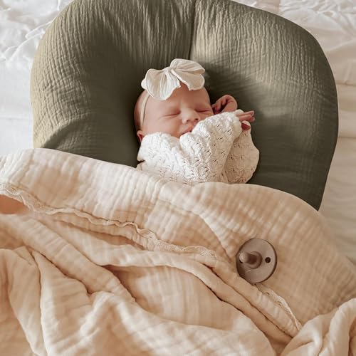 Image of guruixu Muslin Baby Lounger Cover 2 Pack, 100% Cotton Infant Lounger Cover, Soft & Breathable Replacement Slipcover, Compatible with Snuggle Me Newborn Lounger (Dark Olive,Cream)
