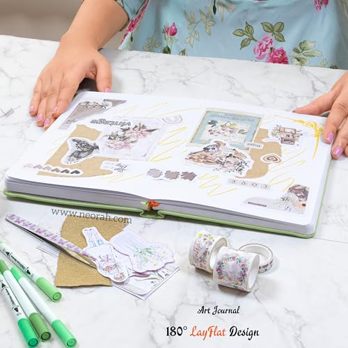 Image of NEORAH - A5 - ART JOURNAL | 200 Gsm Dotgrid Notebook | 160 Pages(21.0 x 14.8 cm) |Hard Cover|3 Bookmarks | Elastic Closure | Back Pocket | Ideal - Bujo,Drawing & Painting,Junk Journal (Light Green)