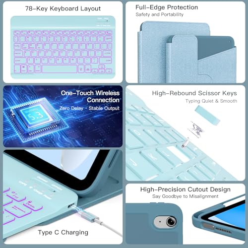 Image of RAYMCRAFT for iPad 11th(A16, 2025) /10th Generation Case with Keyboard, 360 Rotatable Case & Detachable Backlit Keyboard, Precision Cutouts and Pen Holder for iPad A16 11'' /10th 10.9'', Sparkling Blue