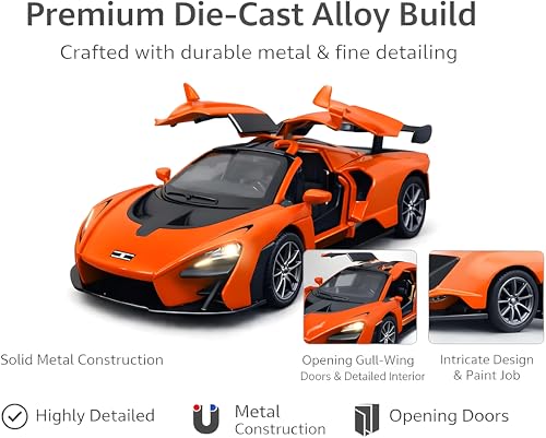 Image of 1:32 Scale Mc-Laren Model Super Car - Exclusive Alloy Metal Pullback Toy with Openable Doors, Lights, and Music for Kids (Orange)