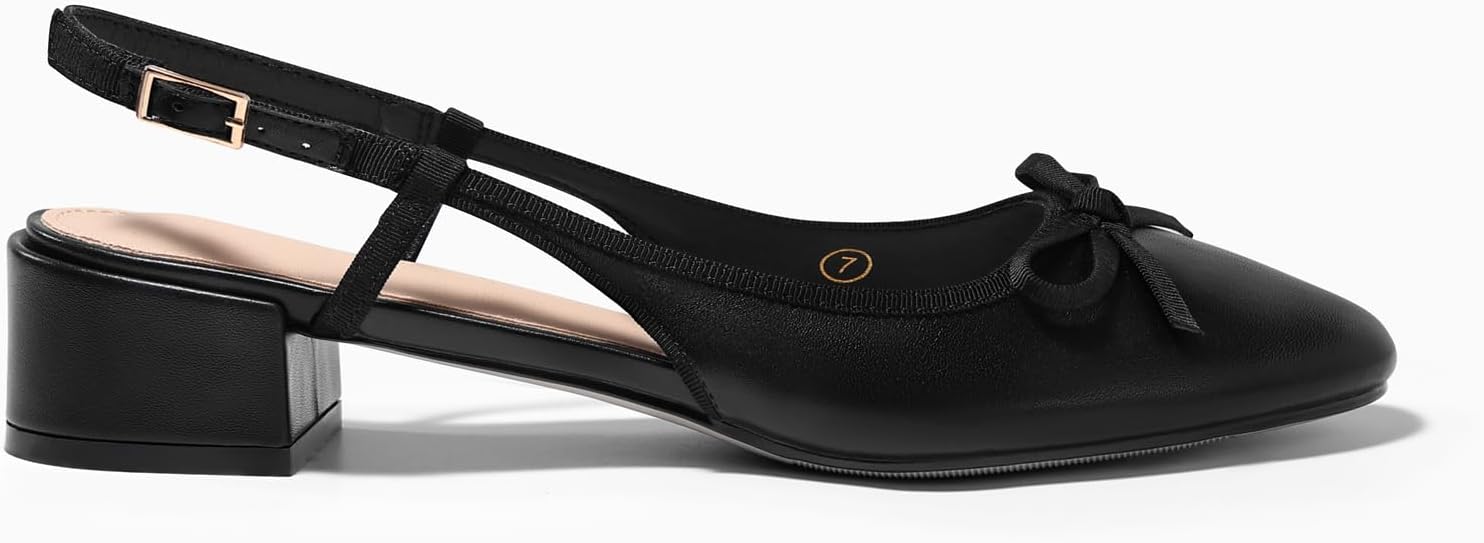 Coutgo Womens Chunky Low Heels Slingback Ballet Bow Pumps Closed Toe Wedding Dress Shoes - Image 4