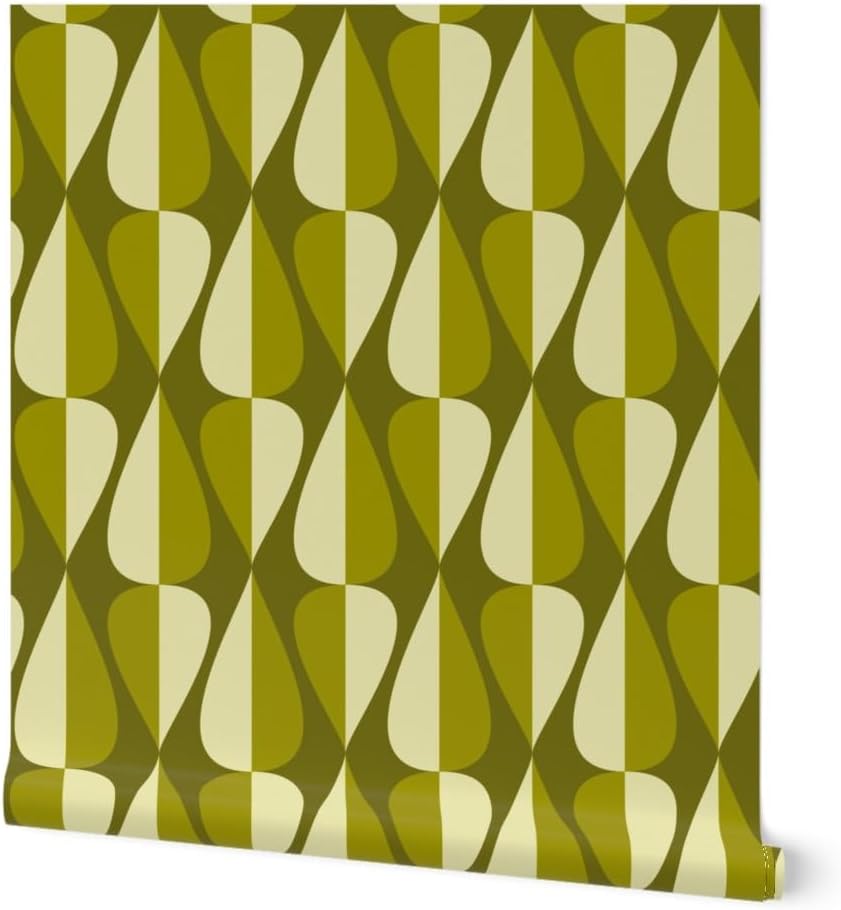 Peel & Stick Wallpaper 3ft x 2ft - Green Retro Spades Mid Century Modern Vintage Cool 70S 60S Avocado Hourglass Teardrop Oval Custom Removable Wallpaper by Spoonflower