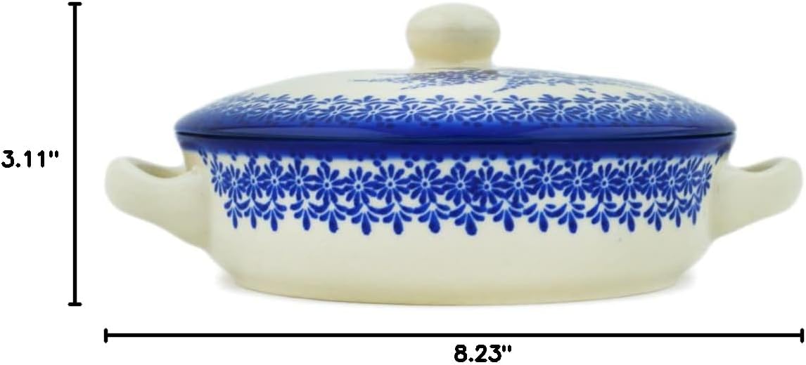 Polmedia Polish Pottery Bouillon Cup with Lid UNIKAT - Morning Frost Pattern Handmade in Boleslawiec Poland + Certificate of Authenticity