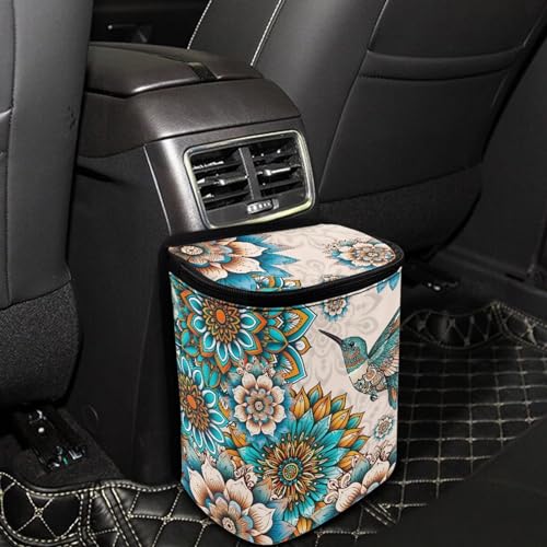 Image of Talayituse Boho Hummingbird Mandala Print Car Trash Can with Lid, Leak Proof Auto Trash Bag Hanging Vehicle Garbage Can Multipurpose Storage Container for Back Seat Road Trip
