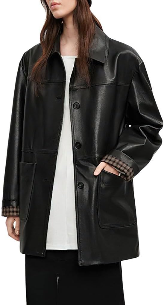chouyatou Women's Faux Leather Blazer Jacket Single Breasted Pu Leather Suit Jacket Outerwear Coat with Pockets