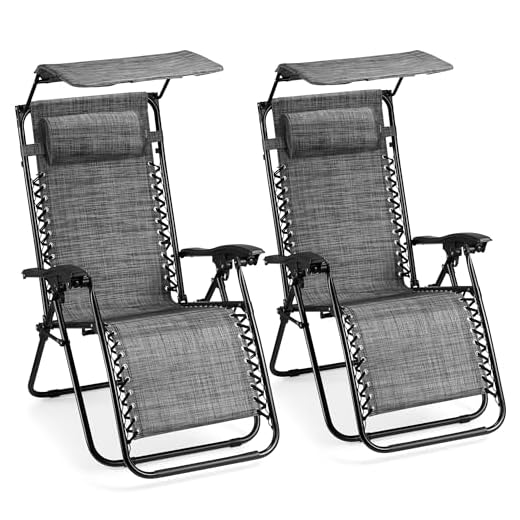 VonHaus Zero Gravity Chairs with Canopy Set of 2 - Grey Reclining Sun Loungers for Garden - Textilene Folding Sunloungers with Adjustable Sun Shade - 2 Set Deck Chairs for Outdoor, Patio & Decking