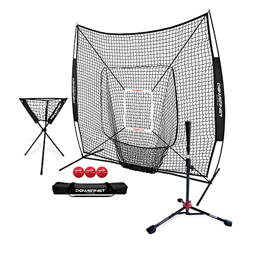 PowerNet 7x7 DLX Practice Net + Deluxe Tee + Ball Caddy + 3 Pack Progressive Weighted Ball + Strike Zone Bundle (Black) | Baseball Softball Coach Pack | Pitching Batting Training Equipment Set