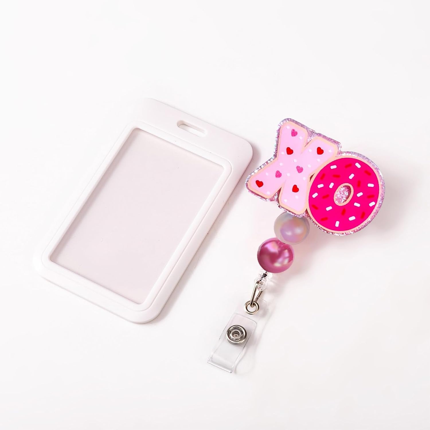 Cute XO Valentine's Day Badge Reel Pink Love Hearts and Doughnut Badge Holder Retractable Name Tag with Glossy Beads for Nurse Doctor Medical Student Work Accessories - Image 4