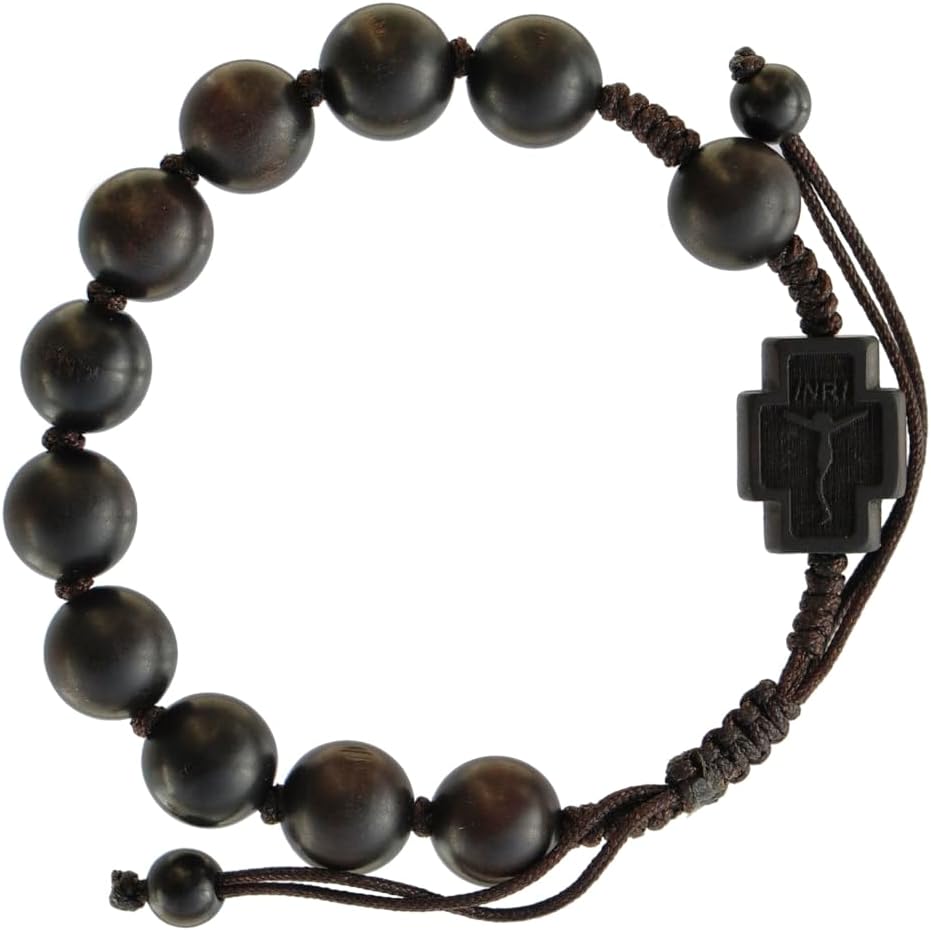 Dark Jujube Wood 1 Decade Catholic Rosary Bracelet, Adjustable, Smooth 10mm Beads