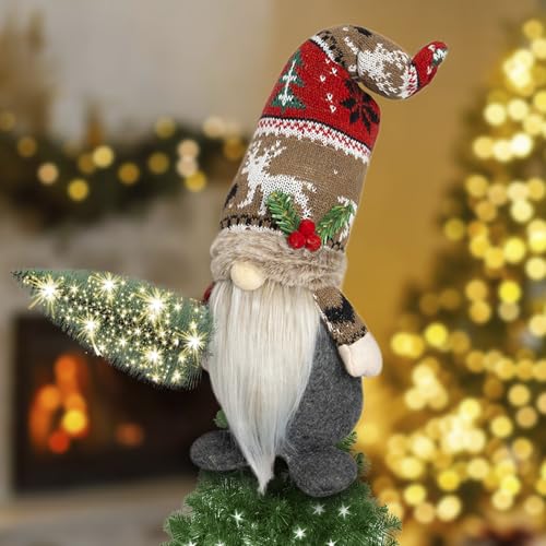 Christmas Tree Topper, Christmas Gnomes Tree Topper with Lights Tree, Christmas Gnomes Lighted Tree Topper, Elf Christmas Tree Decorations with Mini Christmas Tree Design