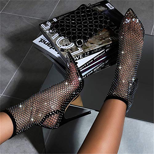 Richealnana Ankle Sandals Sparkle Studded Cut Out Stiletto Pumps Closed Toe Knitting High Heels Sexy Stripper Pumps Black Size 10 #TOP2