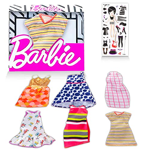 Barbie Doll Fashion Clothing Dress Bundle ~ 4 Assorted Barbie Dresses for Barbie Dolls | Barbie Accessories Set with Stickers (Barbie Doll Clothing Collection Sets and Packs)