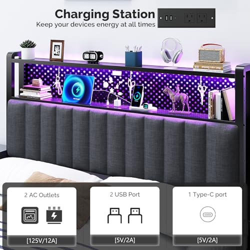 Image of VINGLI Full Size Headboard with 2 Shelves, Adjustable Upholstered Headboard with Pegboard, Charging Stations and LED Lights, Modern Bed Headboard with Storage for Bedroom Decor, Dark Gray