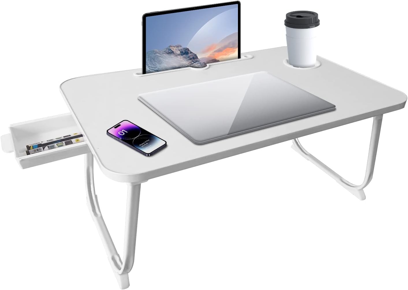 Desk Bed Table Folding Lap Table for Bed Desk with Cup Holder Study Table for Bed Tables for Eating and Laptops Perfect for Home Office Bedroom,White