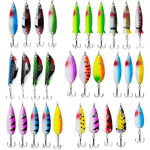 Fishing Spoon Lures Kit, 30pcs Hard Fishing Spinner Baits Spoon with Sharp Treble Hooks,Jigging Swim Bait Metal Spoon Bait
