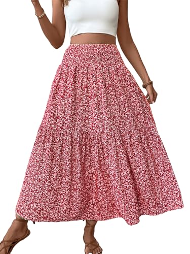 Women's Summer Floral Maxi A-Line Boho Skirt, Summer for Women 2025 Vacation Boho Floral Tiered (1,Safflower)
