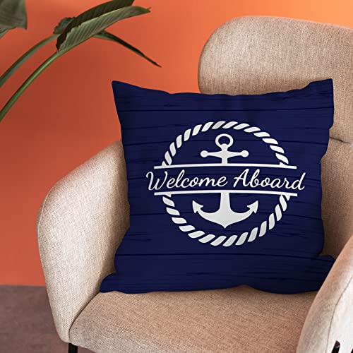 Burosev Welcome Aboard Soft Throw Pillow Cover, Lake Cabin Boat Anchor Decorative Pillowcase, Nautical Sailing Farmhouse Decor Decorations For Home Bed Sofa Living Room(18 X 18 Inch) #TOP1