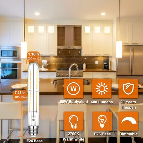 Image of Vinaco 7.3 Inch LED T10 Tubular Edison Bulb 2700K 6W Dimmable E26 Base | 6 Pack, 600LM, 60W Eq. No Flicker, Clear Glass Long Vintage Tube Bulb for Pendant, Chandelier, Wall Sconces, Piano Light