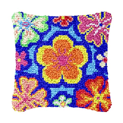 Image of Latch Hook Kits for DIY Throw Pillow Cover, Colorful Handmade Pillow Case for Home Decoration, Festival Gift 17x17inch (Colorful Flower1)