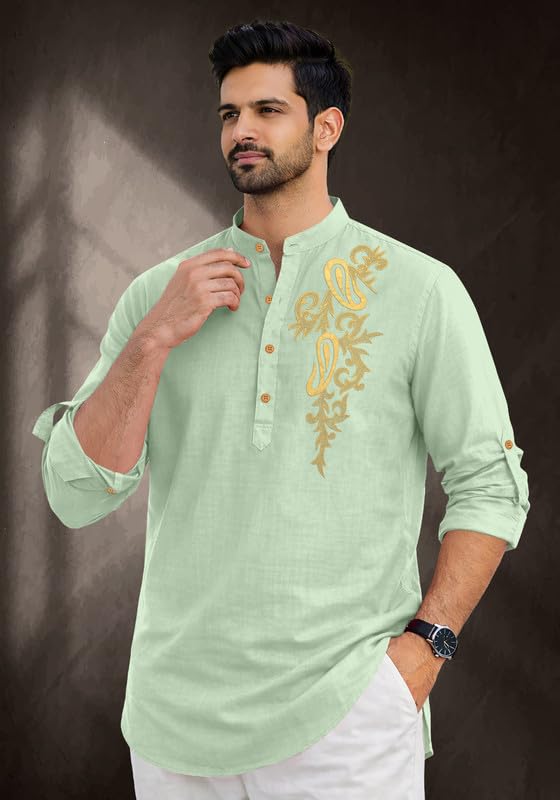 Image of Cotton Blend Self Design Printed Casual Short Kurta for Men Long Sleeve Mandarin Collar Stylish Kurta Shirt for Men