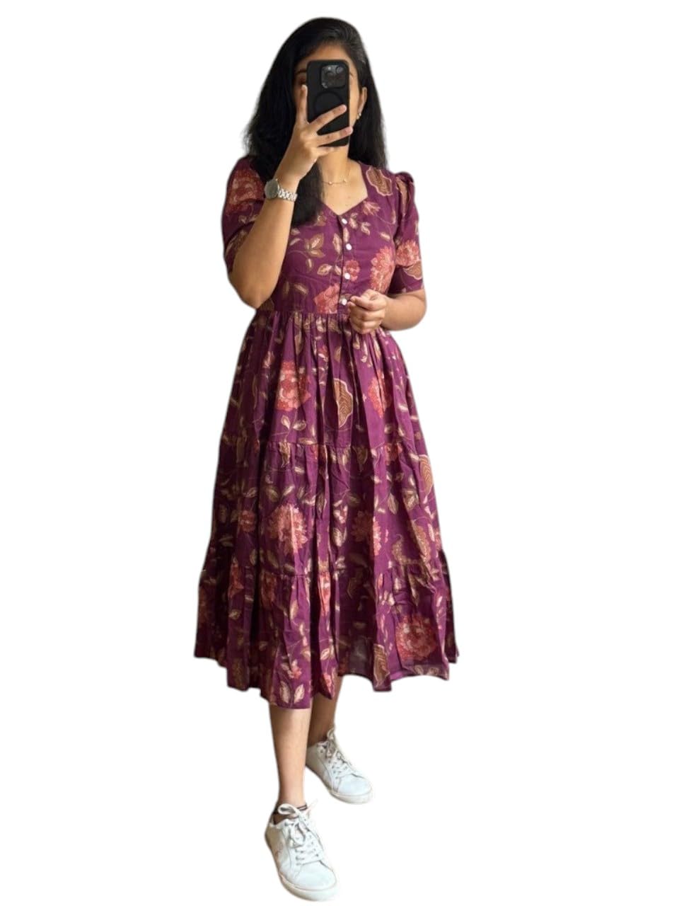 Women's Floral Print Midi Dress, Puff Sleeves, Tiered Skirt, V-Neck, Casual Wear-picture-31