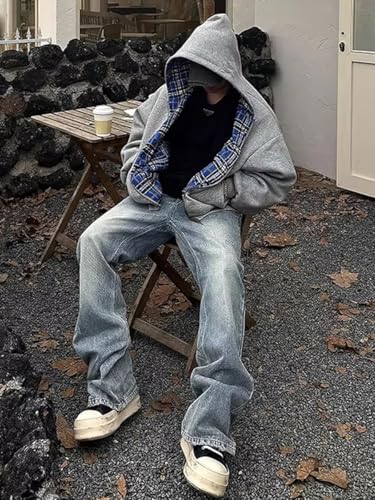 Lunoakvo Mens Oversized Reversible Hoodies Women Plaid Preppy Hoodie Streetwear Vintage Zipper Hooded Sweatshirt2