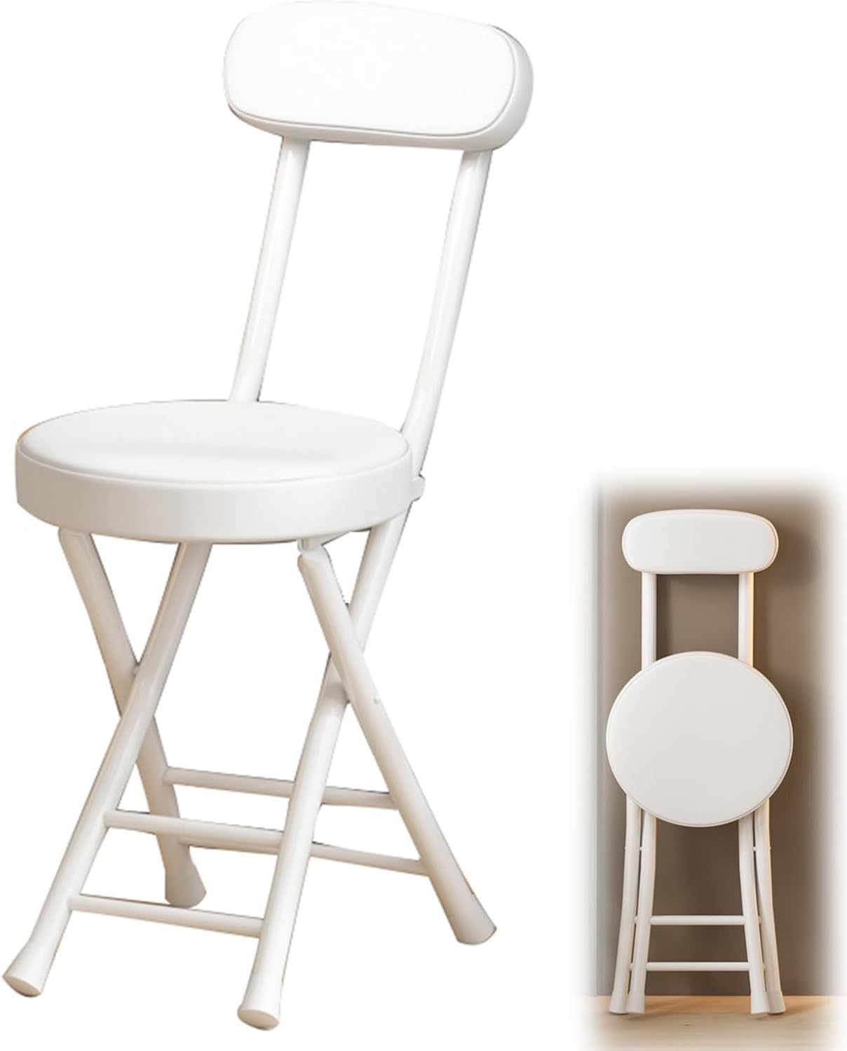 Taburete Plegable de 45cm con Respaldo y Reposapiés,Taburete de Desayuno con Asiento Acolchado Redondo Portátil para Cocina, Comedor, Oficina,Taburete de Bar Plegable (Color : Blanco)