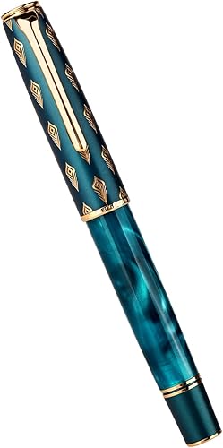 Miniatura 4 de Hongdian N7 Blue Peacock - Pluma estilográfica con pistón de resina, punta media iridio clásica, bolígrafo de escritura suave con caja de metal