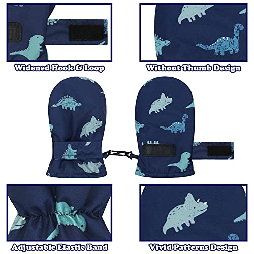 Image of Toddler Mittens Waterproof Toddler Winter Gloves Toddler Snow Gloves for Kids Baby Winter Mittens for Toddler Girls Boys, Navy Dinosaur, 6 - 24 Months