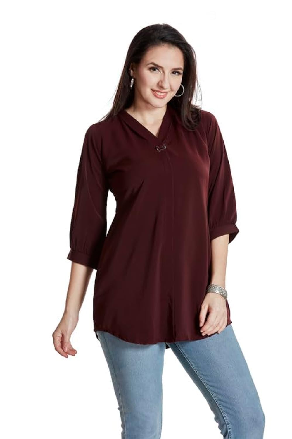 nioni Women’s Solid Tunic with Fashionable V-Fold Neck, Micro Pleated Rayon Kurti, Lycra Material, 3/4th Sleeve Short Kurta for Woman & Girl-picture-43