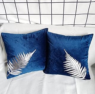 Square 18 Inches Navy Velvet Cushion Cover With Silver Foil Printing Plant Leaves Festival Sofa Pillow Cover Gift Cushion Covers for Sofa Car Home Decor 45 x 45 Cm 1 Piece