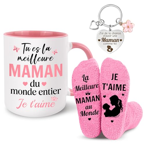 Bingtoo Cadeau Fete des Meres, Ensemble Mug Céramique 330ml, Chaussettes Flanelle et Porte-clés Cœur, Cadeau Anniversaire et Noël pour Maman, Mamie et Belle-mère