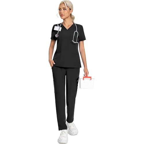 Scrubs for Women Set V-Neck Top & Straight Leg Pants 12 Pockets for Nurses & Healthcare Workers