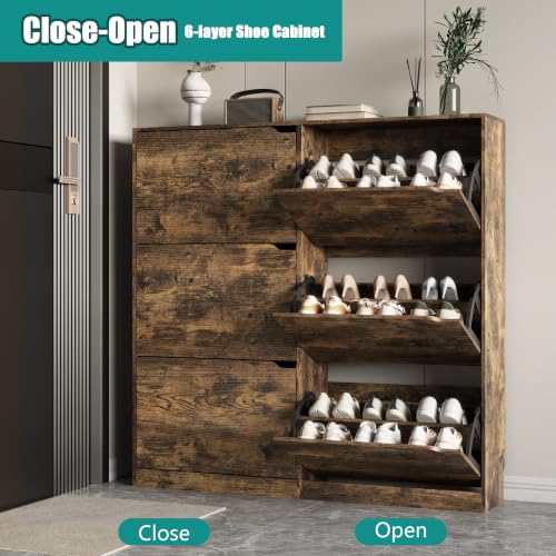 Image of Xixini Shoe Storage Cabinet for Entryway with 6 Flip Drawers, Sturdy Wood Hidden Shoe Storage, Freestanding Narrow Slim Shoe Organizer for Front Door Entrance, Living Room, Hallway, Bedroom, Brown