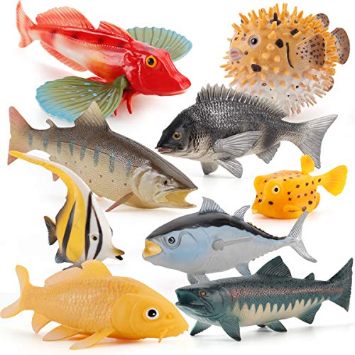 Fantarea 9 PCS Ocean Sea Marine Animal Model Figures Tilapia Salmon Tuna Globefish Figurines Party Favors Supplies Cake Toppers Decoration Set Toys for 5 6 7 8 Years Old Boys Girls Kid Toddlers