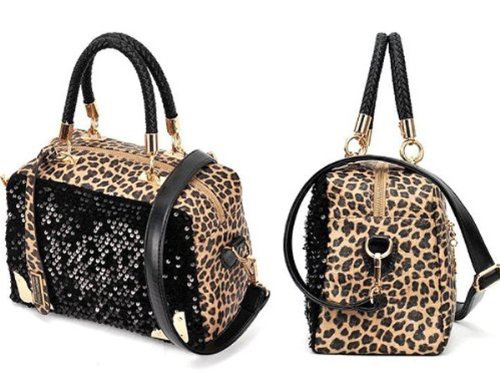New Black Fashion Women Lady Sequins Paillette Shouder Bag Leopard Handbag Tote
