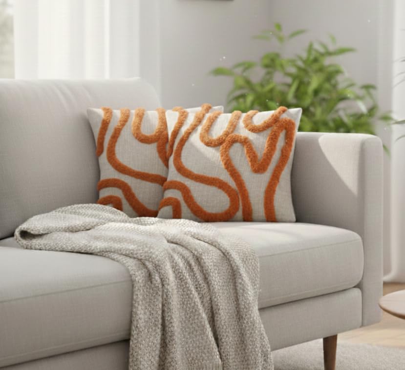 Image of Furnistitchs Premium Decorative Throw Cushion Pillow Cover Boho Home Decor - Living Room Bedroom Couch Sofa Cushion Covers 16 inch x 16 inch (2, Orange Zigzag)
