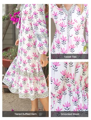 Image of Sunny Spirit Womens Maxi Boho Dresses Floral Print Summer V Neck 2025 Flowy Tassel Long Casual Dress with Long Puff Sleeves