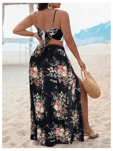 Verdusa Women's Plus Size 2 Piece Floral Outfits Crochet Tie Back Crop Camisole with Slit Maxi Skirt Set2