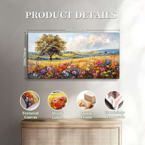 SERIMINO Spring Landscape Wall Art, Nature Tree Wildflower Large Artwork, Colorful Scenery Rustic Painting Canvas Prints, Modern Farmhouse Wall Decor Living Room Bathroom Kitchen Picture 20X40 Inch
