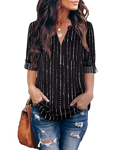 Photo 1 of Furnex Women's V Neck Chiffon Blouse Half Zip up Tunic Shirts 3/4 Roll Sleeve Tops Work Casual (L)