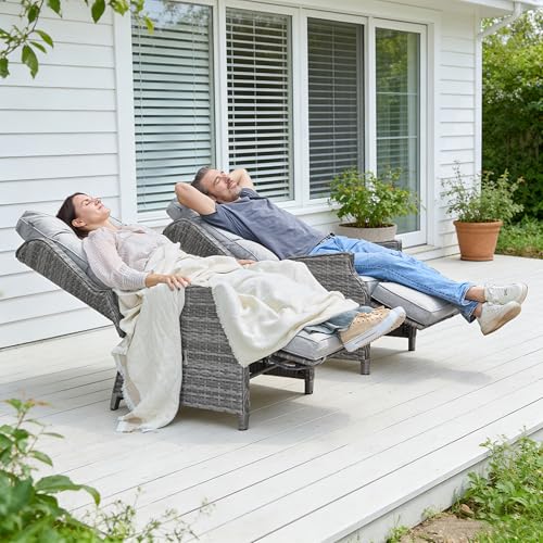 COMLAX FIELD Garden Recliner Chairs, Rattan Reclining Sunlounger with Thick Cushions, Adjustable Sun Lounger with Flip Table for Indoor Outdoor, Lignt Grey - Image 6